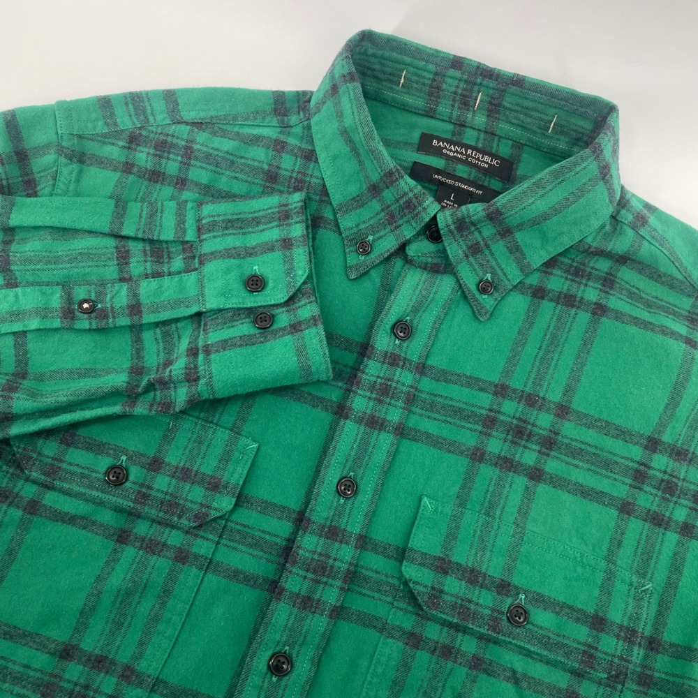 Banana Republic Flannel Shirt Mens L Green Plaid Organic Cotton Untucked NWT